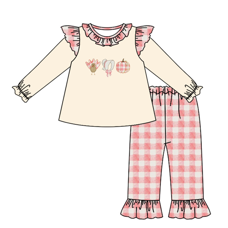 (Custom Design Preorder MOQ 5) Turkey Pumpkin Top Plaid Pants Girls Thanksgiving Clothes Set