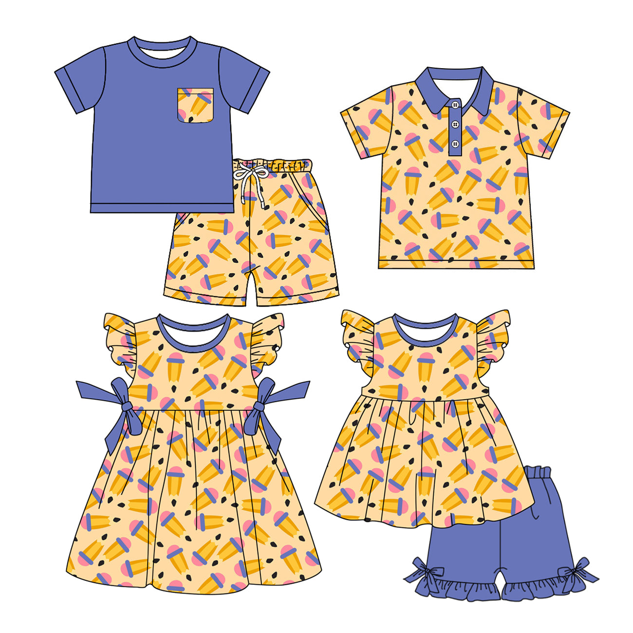 12.23 (Custom Design Preorder MOQ 5 Each Design) Pen Print Kids Back to School Matching Clothes Sibling Wear