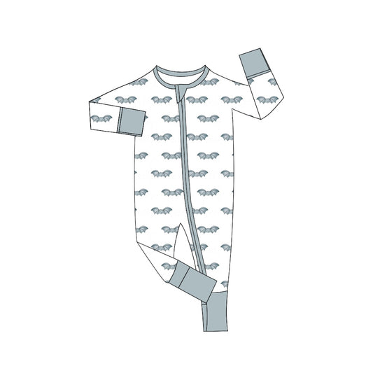 (Custom Design Preorder MOQ 5) Grey Bat Print Baby Boys Halloween Sleeper Zipper Romper