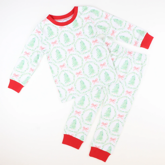 (Custom Design Preorder MOQ 5) Red Bows Christmas Tree Print Girls Pajamas Clothes Set