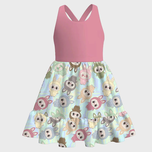 (Custom Design Preorder MOQ 5) Cartoon Animals Pink Print Girls Summer Knee Length Dress