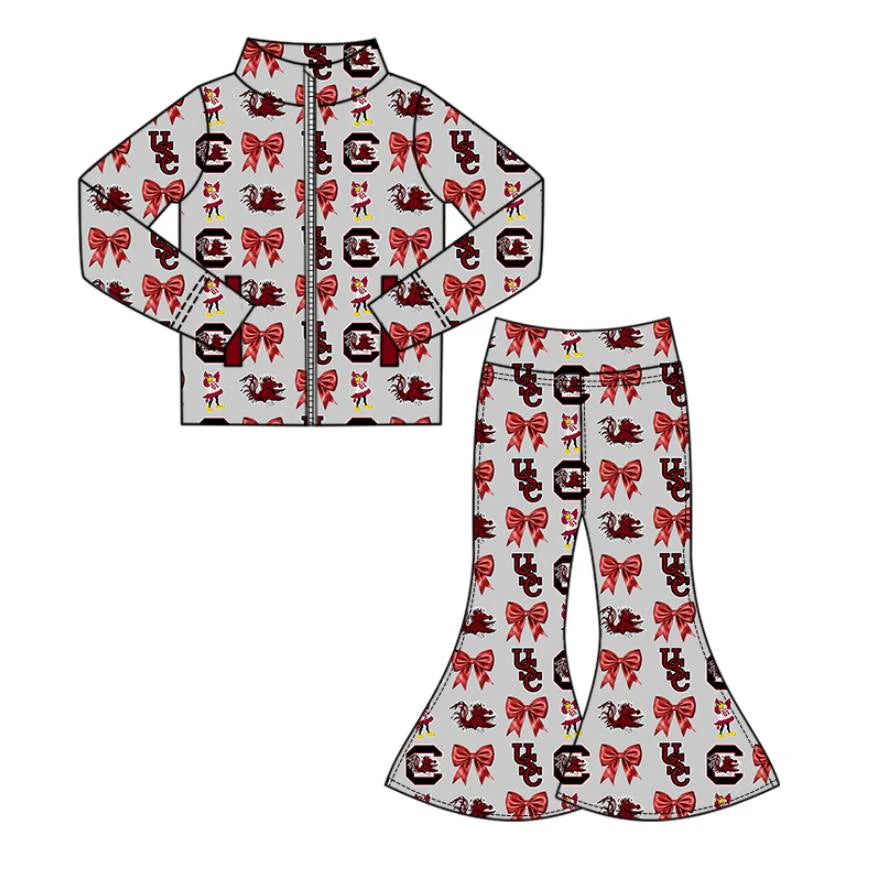 (Custom Design Preorder MOQ 5 Each Item)Team's Gamecock Bows Print Girls Matching Clothes