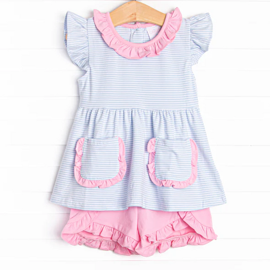 (Custom Design Preorder MOQ 5) Blue Stripes Tunic Top Pink Shorts Girls Summer Clothes Set