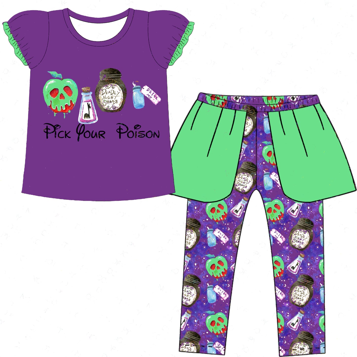 (Custom Design Preorder MOQ 5) Pick Your Poison Top Purple Pants Girls Halloween Clothes Set