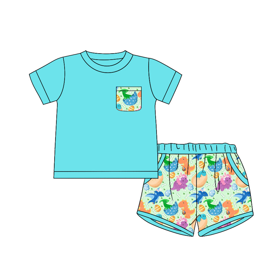 (Custom Design Preorder MOQ 5) Blue Pocket Top Dino Eggs Shorts Boys Easter Clothes Set