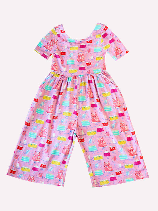 (Custom Design Preorder MOQ 5) Cake Print Pockets Girls Swoop Back Short Sleeve Leggy Jumpsuits