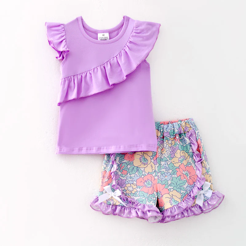 (Custom Design Preorder MOQ 5) Purple Top Flowers Shorts Girls Summer Clothes Set