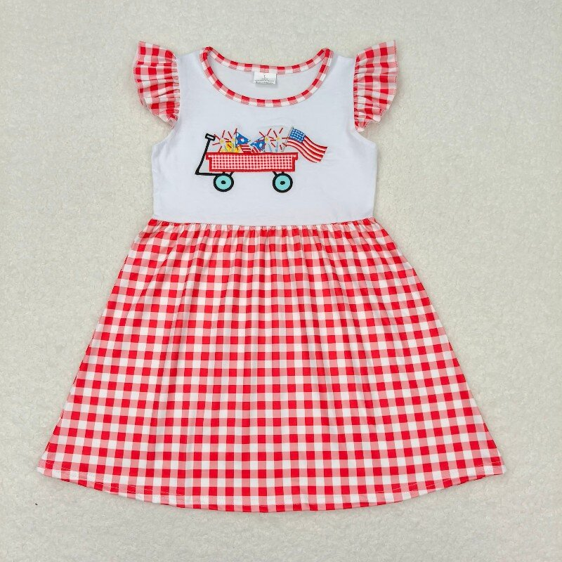 Fireworks Flag Truck Embroidery Red Plaid Print Sibling 4th of July Matching Clothes