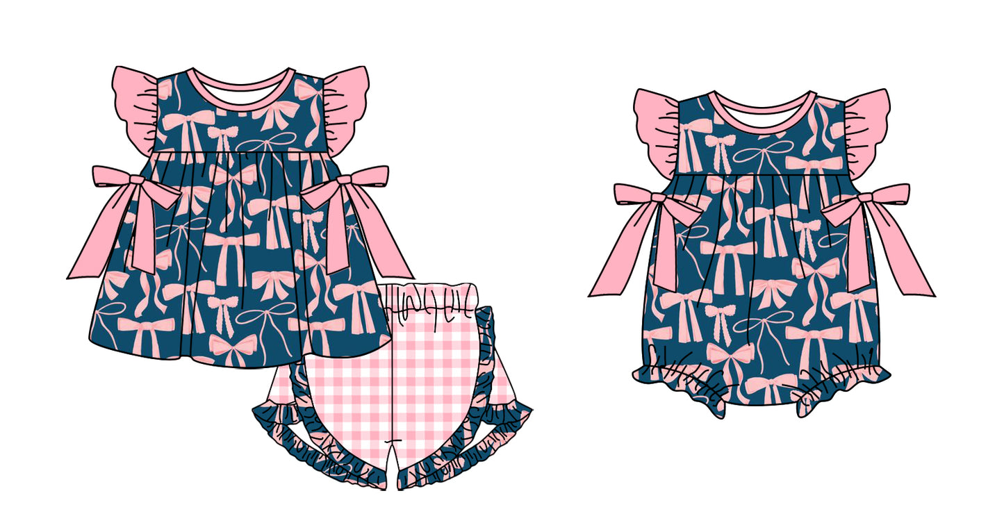 11.4(Custom Design Preorder MOQ 5 Each Design) Bows Navy Print Girls Summer Matching Clothes Sisters Wear