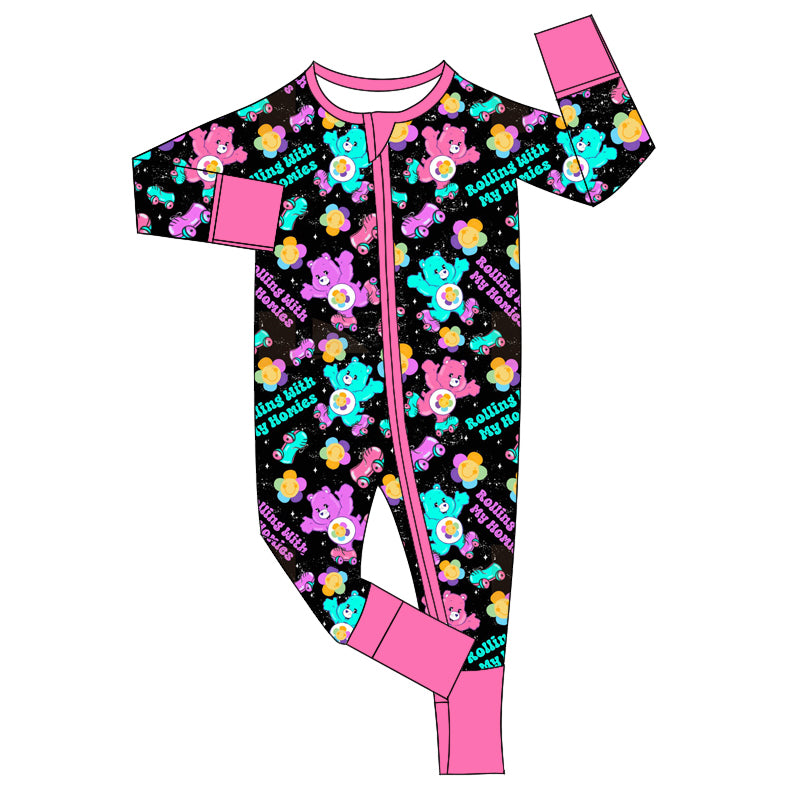 (Custom Design Preorder MOQ 20)  Cartoon Bear Rolling Print Baby Girls Fall Bamboo Sleeper Zipper Romper