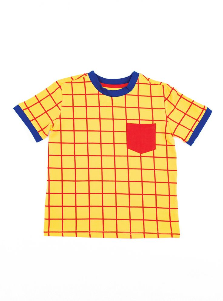 (Custom Design Preorder MOQ 5)  Cartoon Yellow Plaid Print Pockets Adult Summer Tee Shirts Top