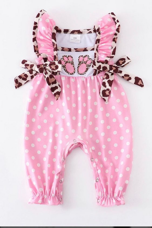 (Custom Design Preorder MOQ 5)  Pink Dots Leopard Cute Bunny Print Baby Girls Easter Romper