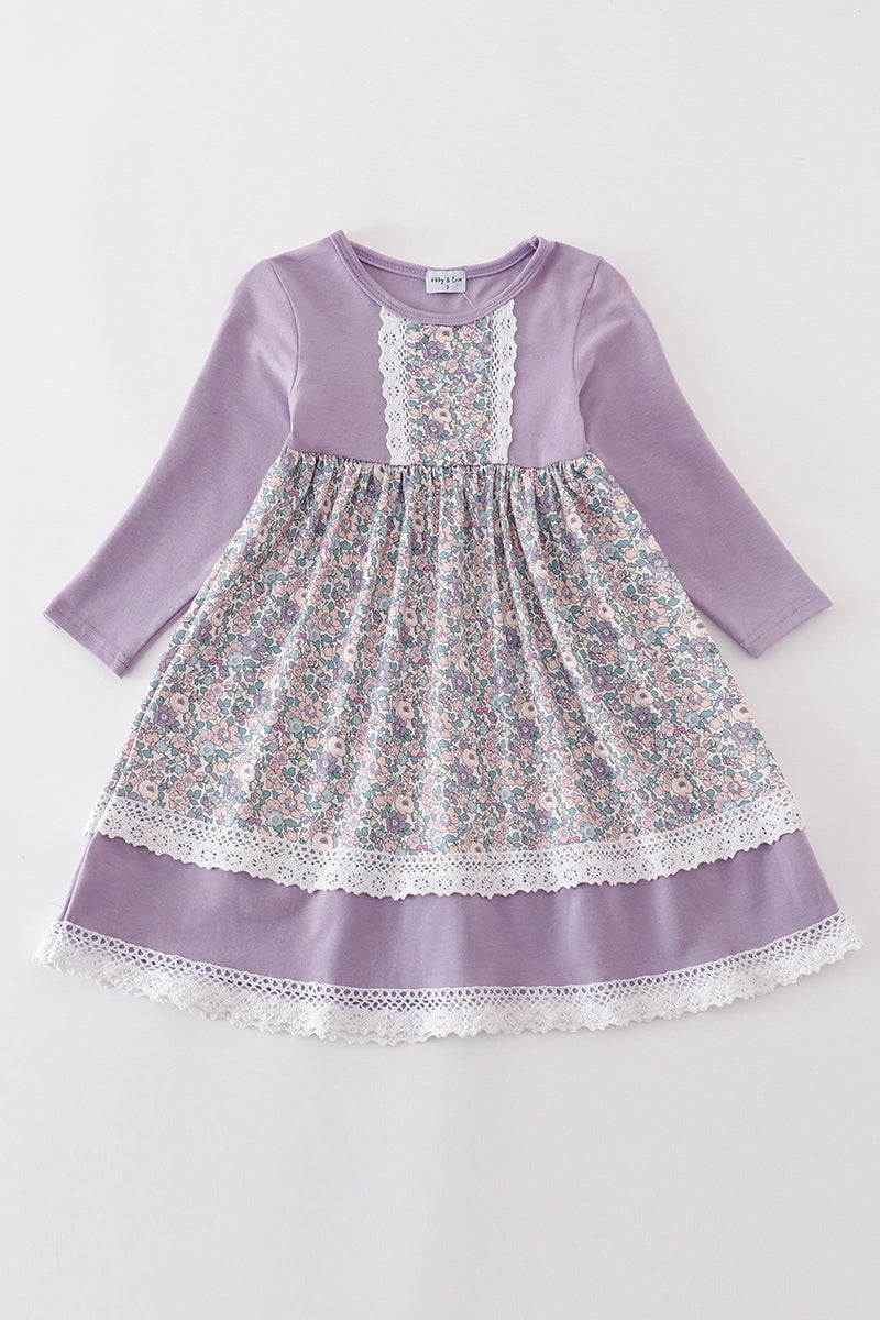 (Custom Design Preorder MOQ 5) Flowers Purple Print Girls Knee Length Dress