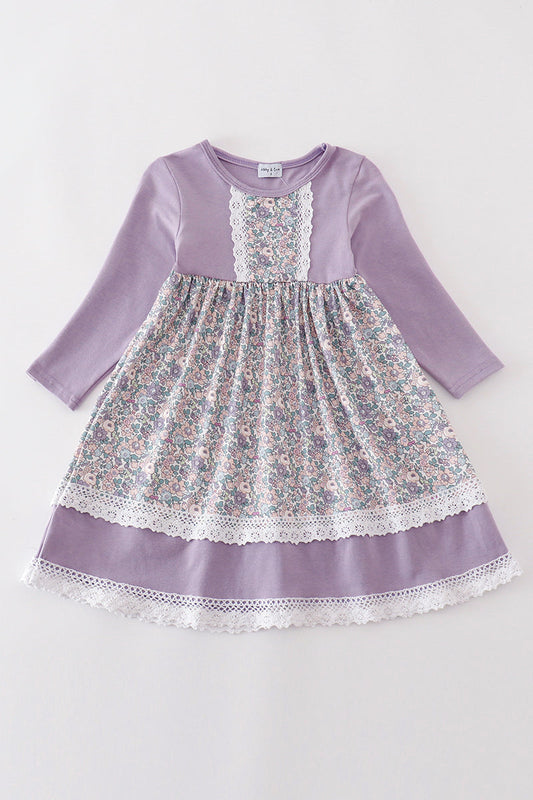 (Custom Design Preorder MOQ 5) Flowers Purple Print Girls Knee Length Dress