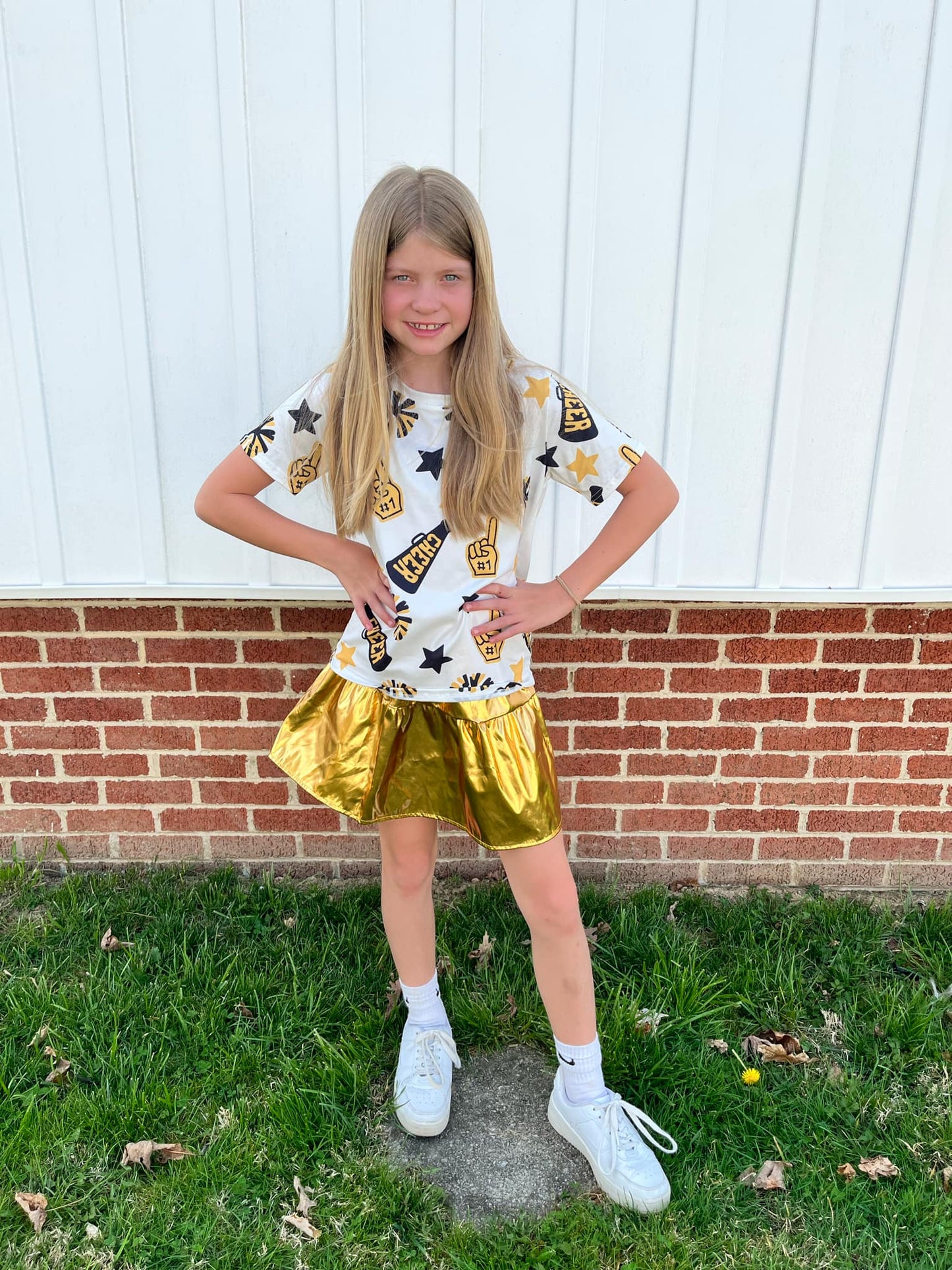 GSD2173 Cheer Top Golden Pleather Elastic Skirts Girls Summer Clothes Set