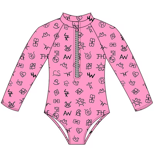 (Custom Design Preorder MOQ 5)  Pink Western Words Print Girls 1 Piece Long Sleeve Zipper Swimsuits