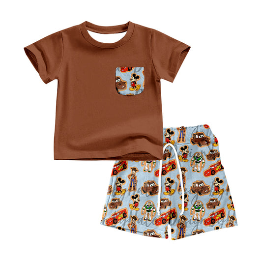 (Custom Design Preorder MOQ 5) Brown Pocket Top Cartoon Figure Shorts Boys Summer Clothes Set