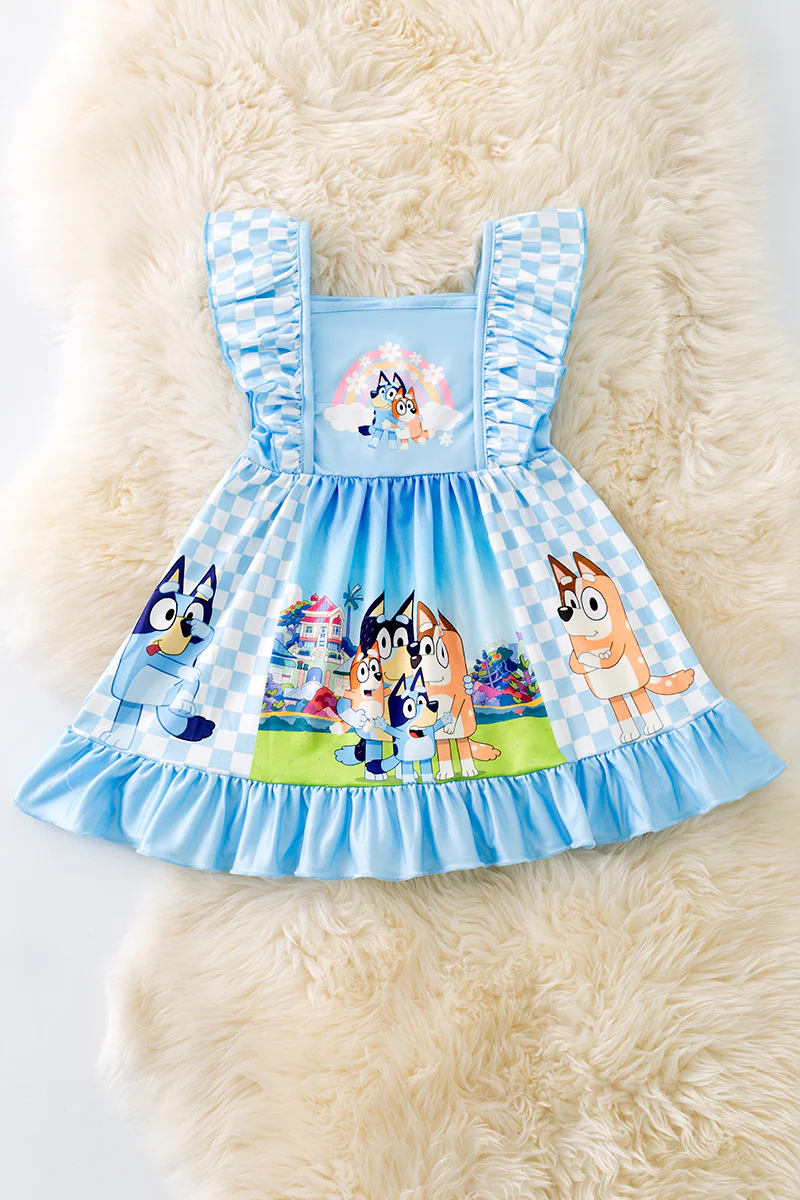 (Custom Design Preorder MOQ 5) Cartoon Dog Blue Print Girls Summer Knee Length Dress