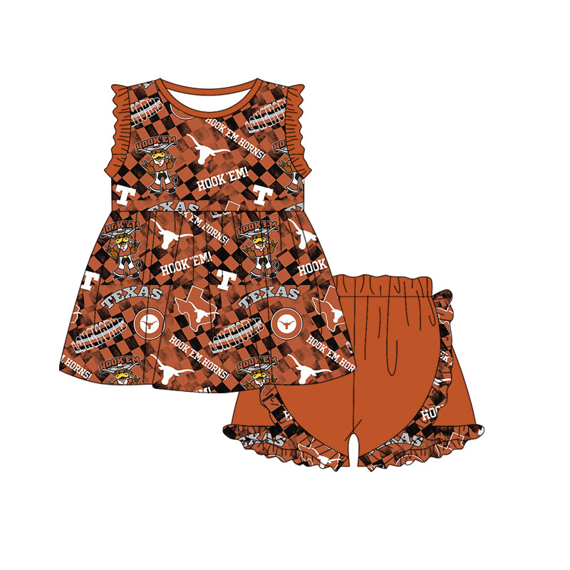 (Custom Design Preorder MOQ 5) Team's Texas Longhorns Plaid Print Girls Summer Clothes Set