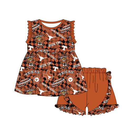 (Custom Design Preorder MOQ 5) Team's Texas Longhorns Plaid Print Girls Summer Clothes Set