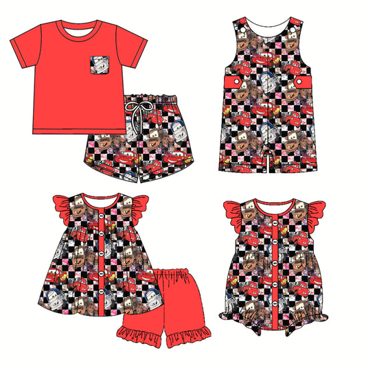 2.22(Custom Design Preorder MOQ 5 Each Design) Cartoon Cars Red Print Kids Summer Matching Clothes Sibling Wear