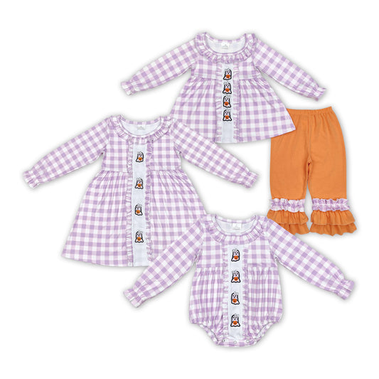 Ghost Pumpkin Embroidery Purple Plaid Print Sisters Halloween Matching Clothes