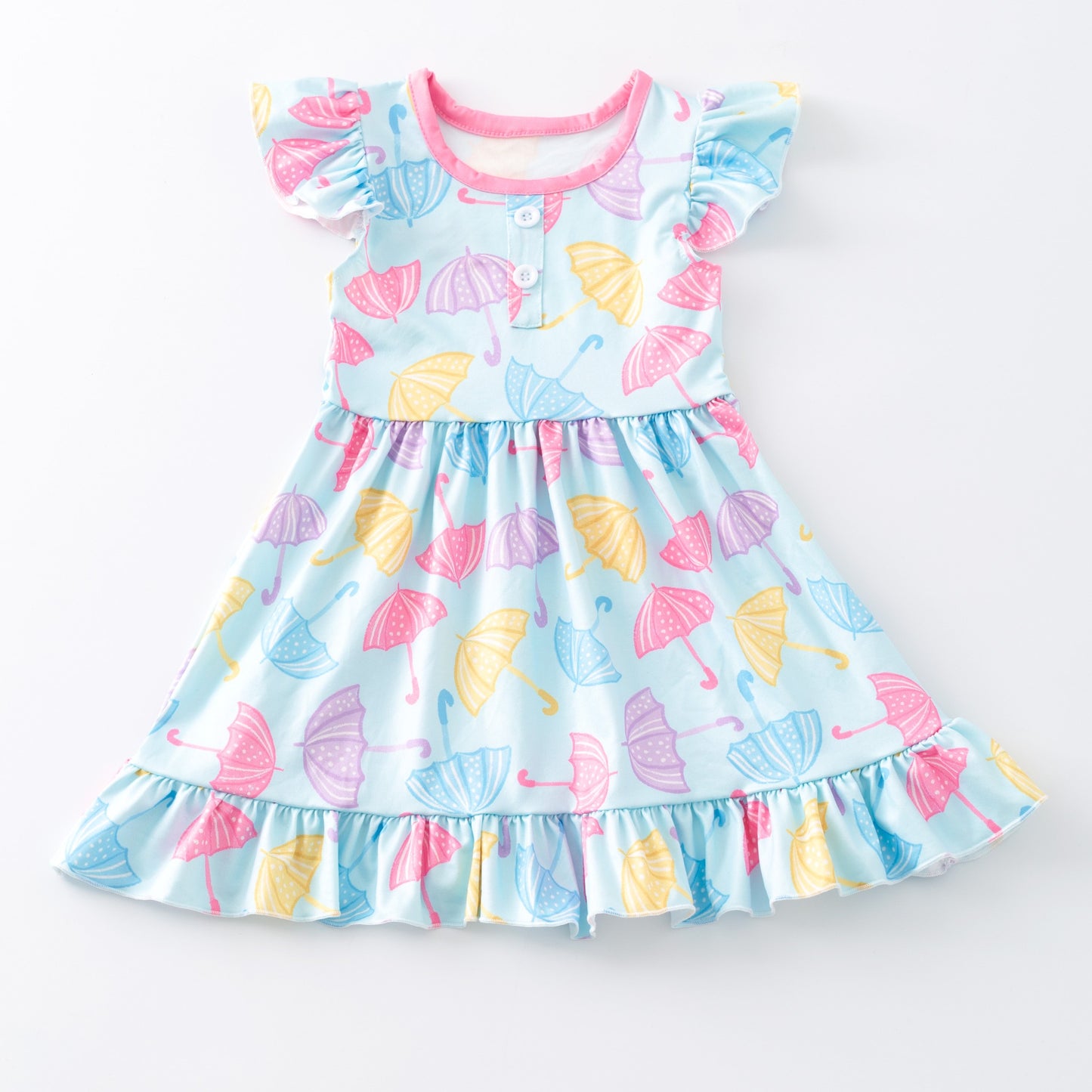 (Custom Design Preorder MOQ 5) Colorful Umbrella Print Girls Flutter Sleeve Knee Length Dress