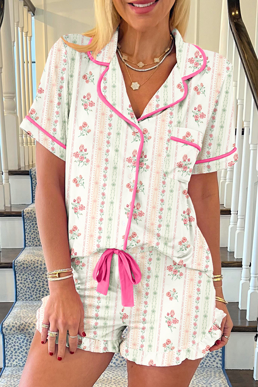 (Custom Design Preorder MOQ 5) Adult Pink Flowers Print Woman Buttons Summer Pajamas Clothes Set