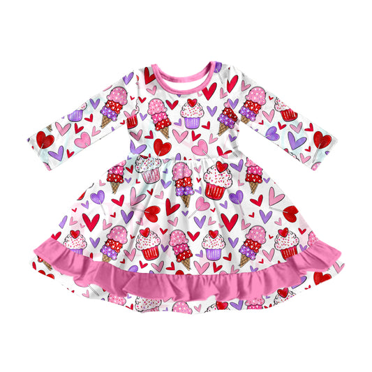 (Custom Design Preorder MOQ 5) Heart Cake Print Girls Valentine's Day Knee Length Dress