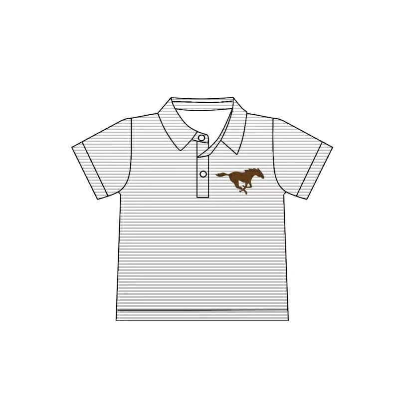 (Custom Design Preorder MOQ 5 Each Item)Team's Horse Grey Stripes Print Polo Top Mom and Me Matching Clothes