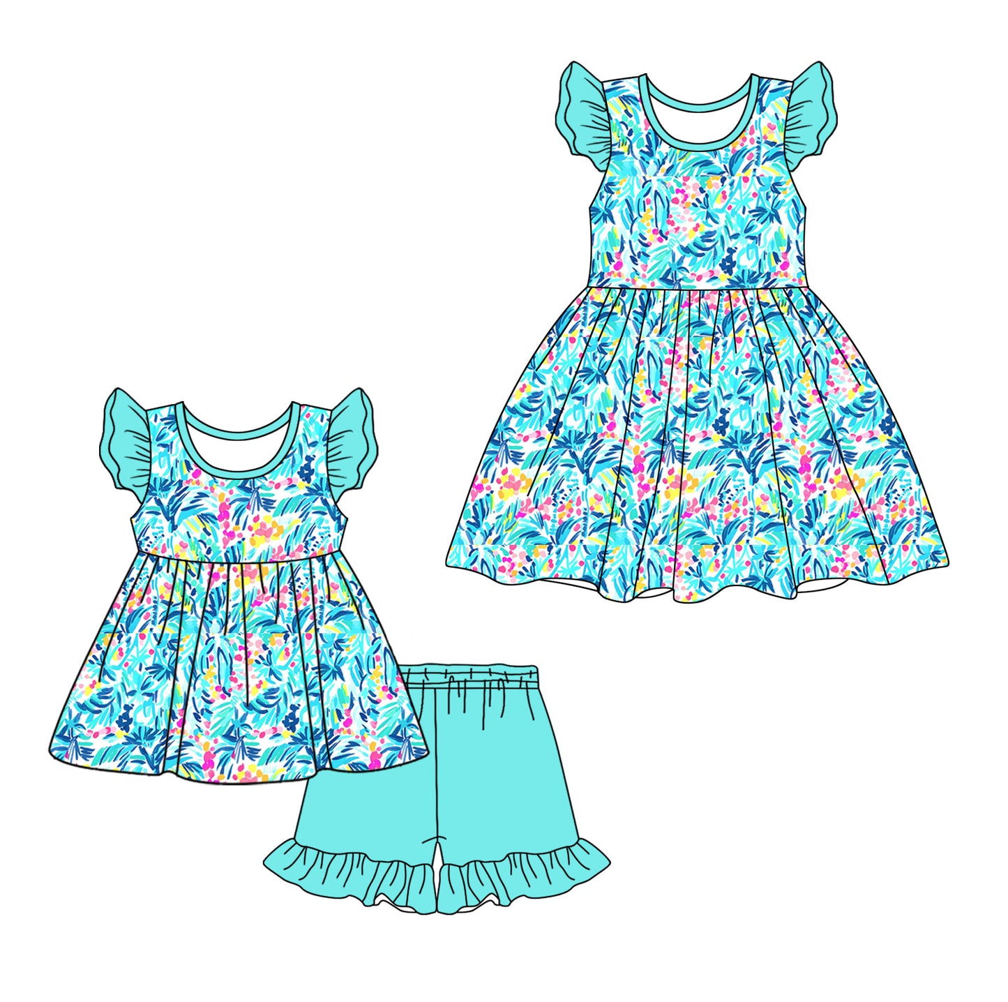 12.11(Custom Design Preorder MOQ 5 Each Design) Aqua Seaweed Print Girls Summer Matching Clothes Sisters Wear