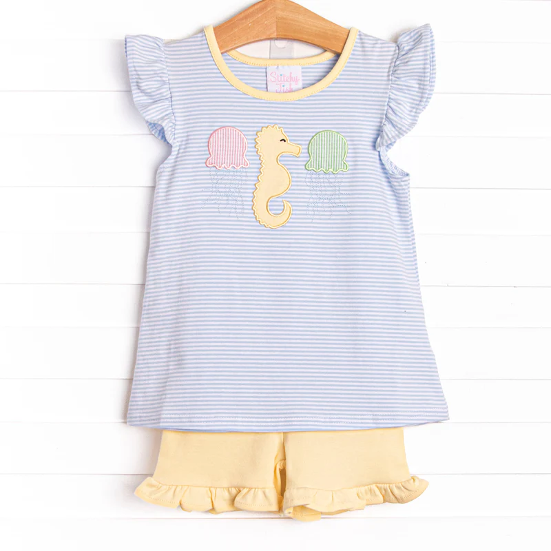 (Custom Design Preorder MOQ 5)  Sea Horse Stripes Top Yellow Shorts Girls Summer Clothes Set