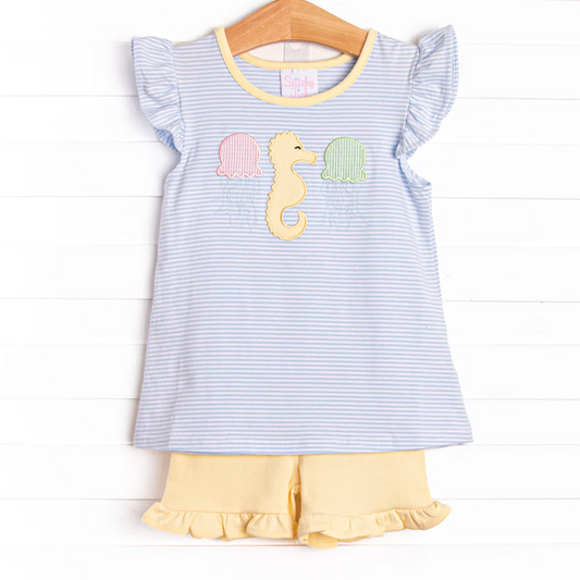 (Custom Design Preorder MOQ 5)  Sea Horse Stripes Top Yellow Shorts Girls Summer Clothes Set