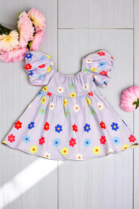 (Custom Design Preorder MOQ 5) Colorful Flowers Print Girls Summer Knee Length Dress
