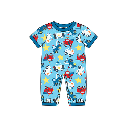 (Custom Design Preorder MOQ 5) Blue Cars Print Baby Boys Summer Romper