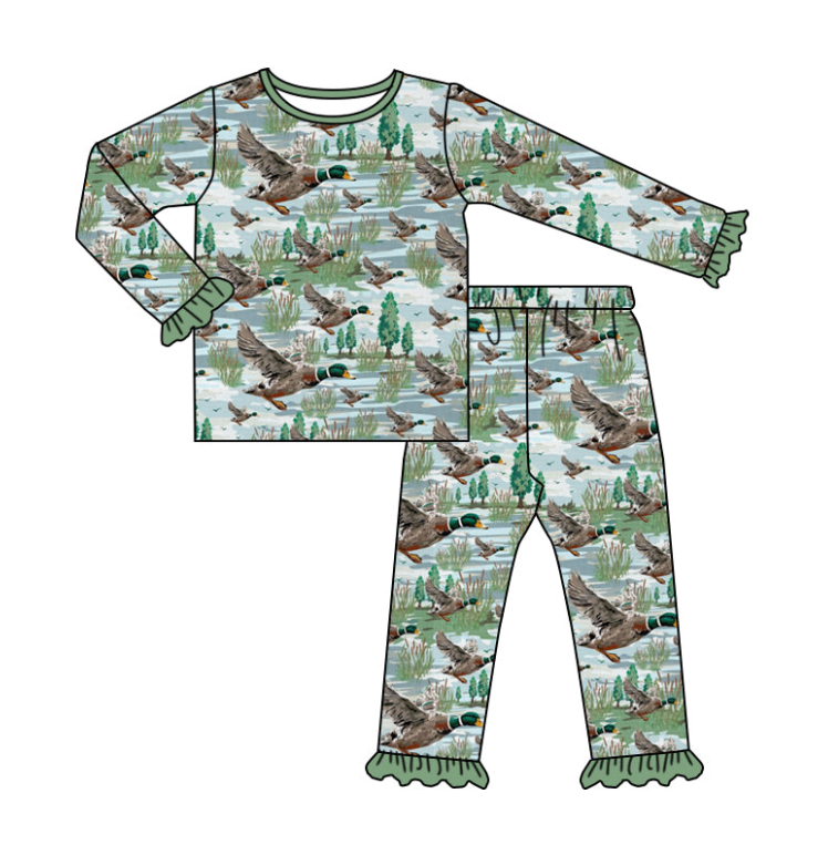 (Custom Design Preorder MOQ 5) Duck Print Girls Pajamas Clothes Set