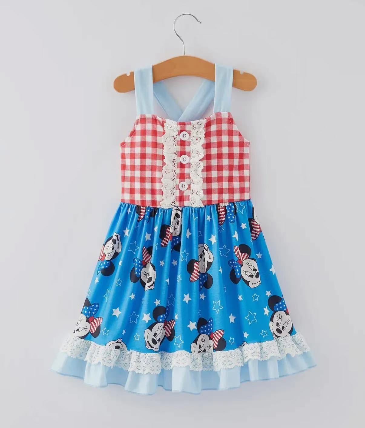 (Custom Design Preorder MOQ 5) Cartoon Mouse Stars Print Girls 4th of July Knee Length Dress