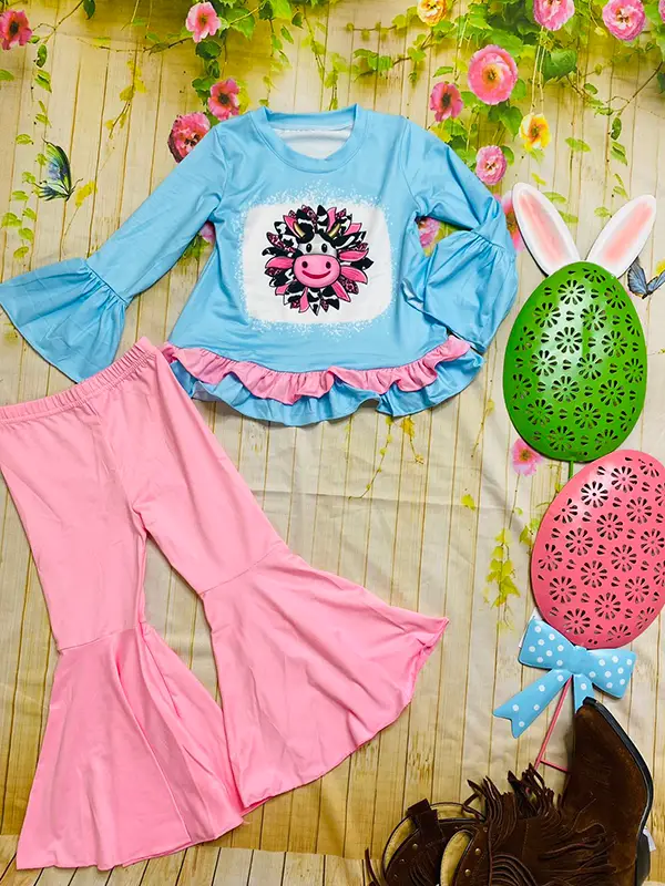 (Custom Design Preorder MOQ 5) Sunflowers Cows Blue Top Pink Bell Pants Girls Fall Pajamas Clothes Set