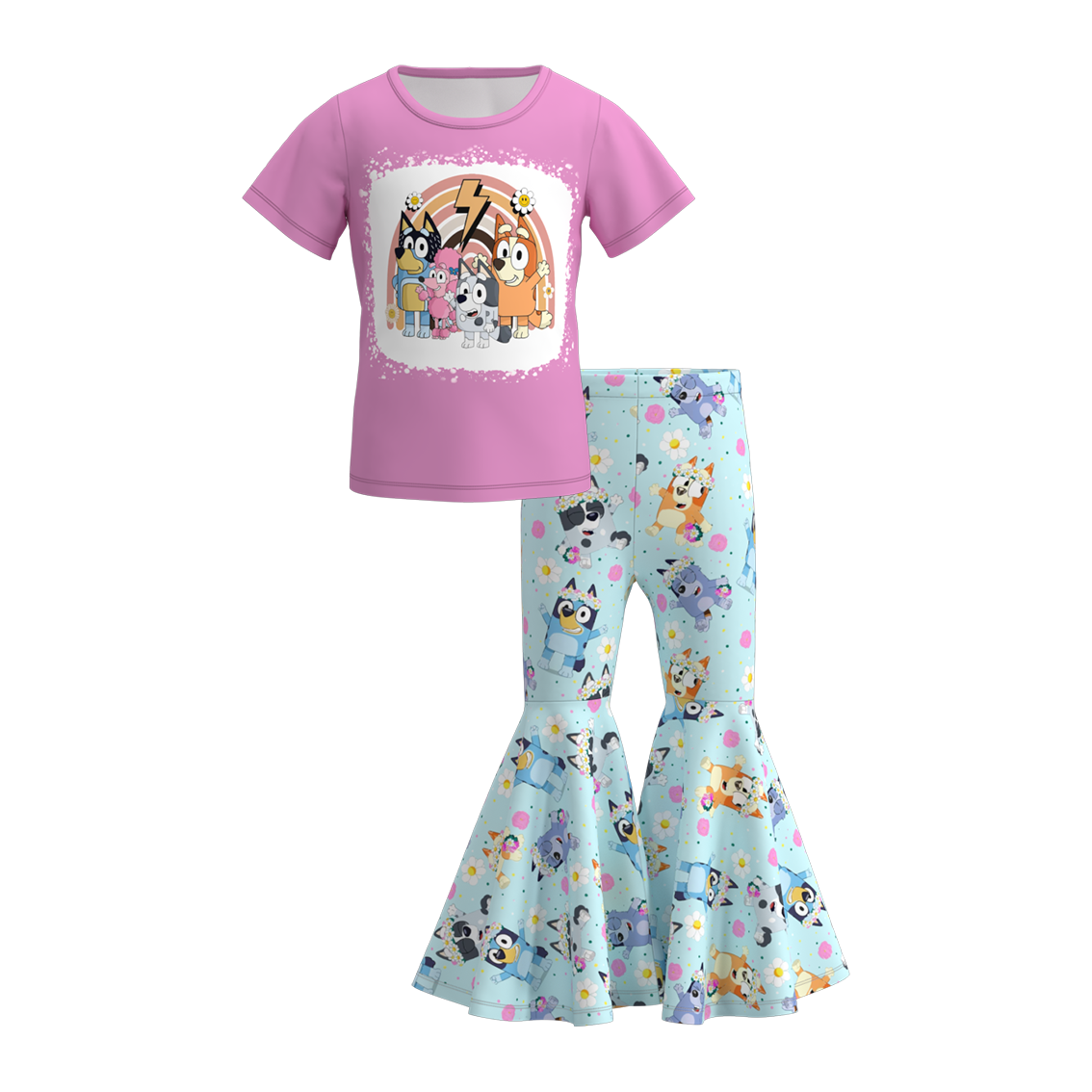 (Custom Design Preorder MOQ 5)  Cartoon Dog Flowers Bell Pants Girls Clothes Set