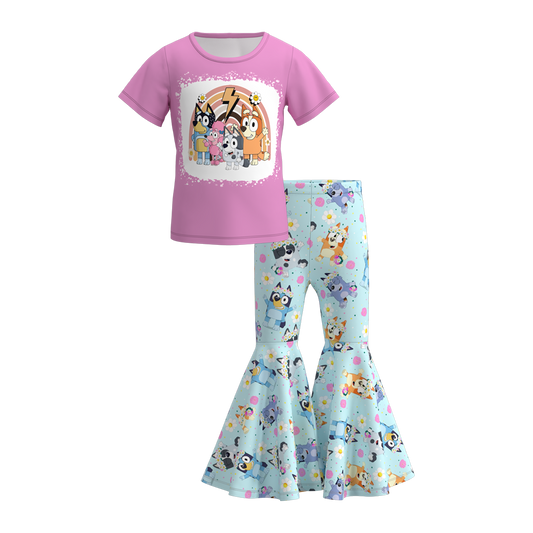 (Custom Design Preorder MOQ 5)  Cartoon Dog Flowers Bell Pants Girls Clothes Set