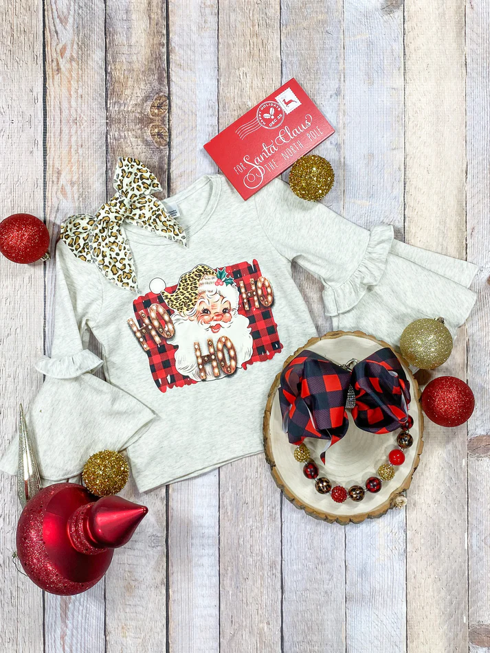 (Custom Design Preorder MOQ 5) HO HO HO Santa Print Girls Christmas Tee Shirts Top