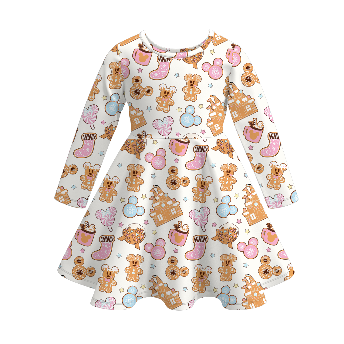 (Custom Design Preorder MOQ 5) Gingerbread Candy Print Girls Knee Length Christmas Dress