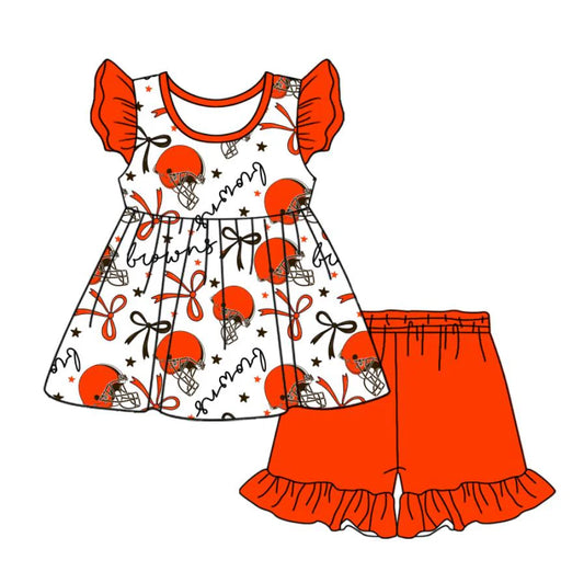 (Custom Design Preorder MOQ 5) Team's Cleveland Browns Bows Top Orange Shorts Girls Summer Clothes Set