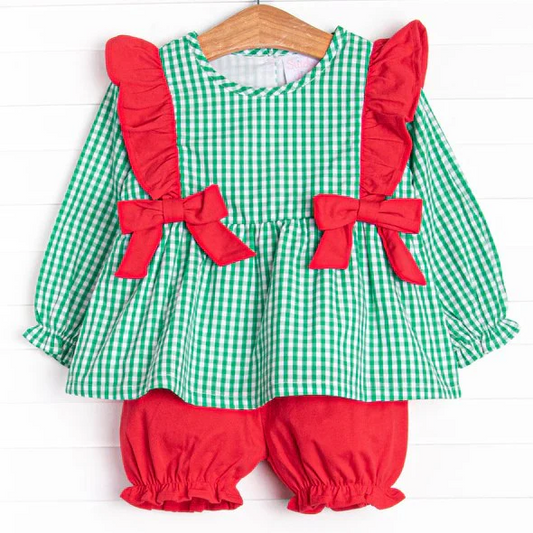 (Custom Design Preorder MOQ 5)  Green Plaid Top Red Shorts Girls Christmas Clothes Set