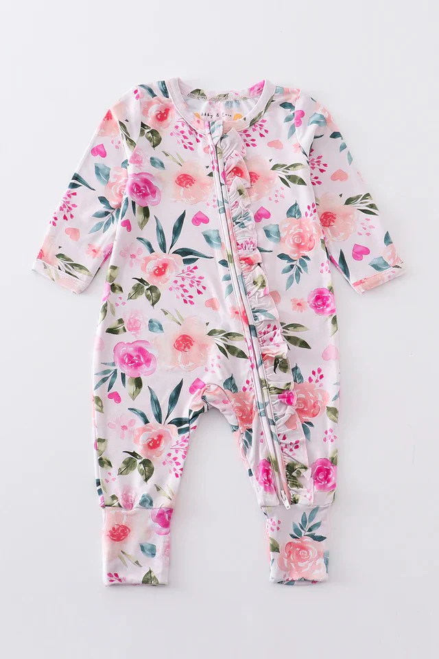 (Custom Design Preorder MOQ 5) Pink Flowers Print Baby Girls Fall Ruffle Sleeper Zipper Romper