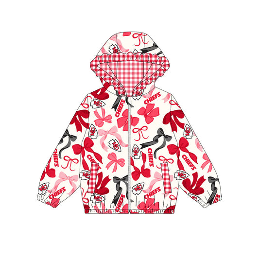 (Custom Design Preorder MOQ 5) Team's CHIEFS Bows Print Pockets Girls Long Sleeve Zipper Jackets Top