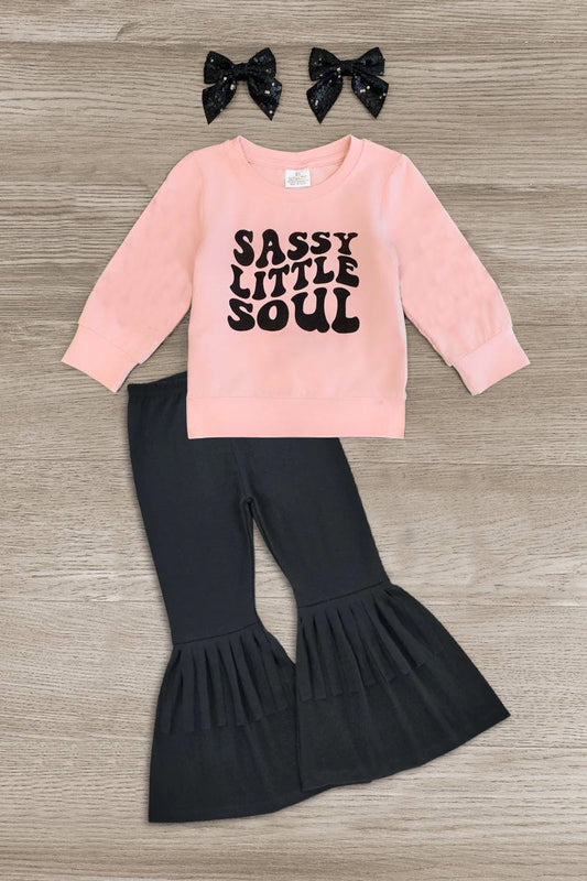 (Custom Design Preorder MOQ 5) Sassy Little Soul Top Black Bell Pants Girls Clothes Set