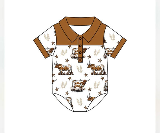 (Custom Design Preorder MOQ 5) Cows Brown Print Baby Boys Summer Romper