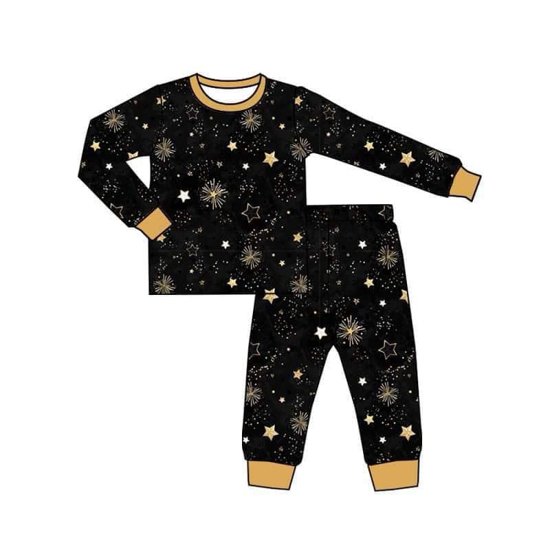 (Custom Design Preorder MOQ 5)  Happy New Year Stars Print Kids Pajamas Clothes Set