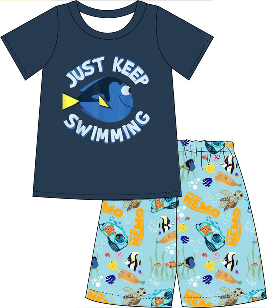 (Custom Design Preorder MOQ 5) Cartoon Fish Print Boys Summer Clothes Set